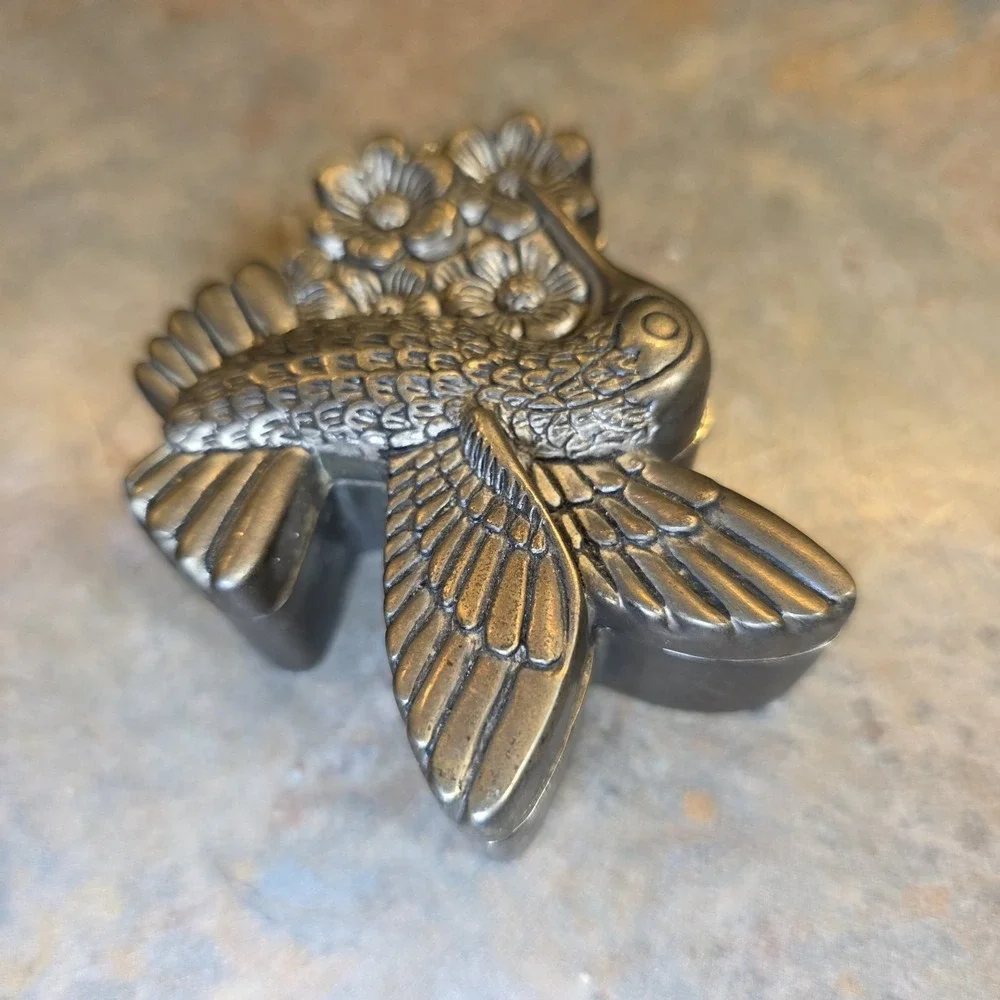 Vintage Silver Plated Hummingbird Trinket Box Lined Bird Garden